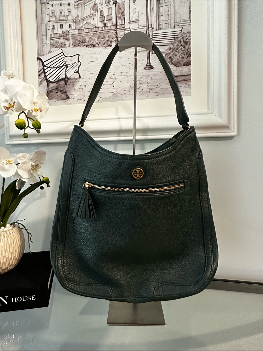 Tory Burch Robinson Dark Green Pebbled Leather Tassel Hobo Bag EUC